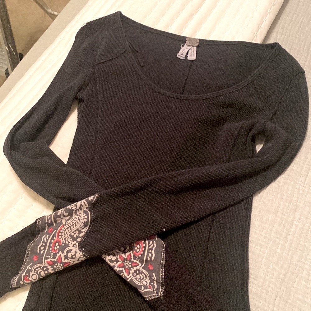 Free People thermal top with crochet sleeve detail